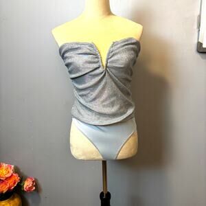 New FashionNova Baddie Blue Metallic Sparkle Ruched Bodysuit Strapless Large